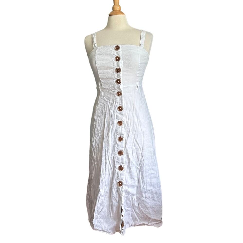 White Classic Button Front Picnic MIDI Dress Tank Modest Square Neck ST19